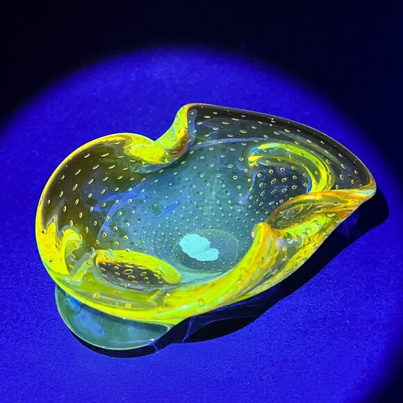 Vtg Murano Bullicante Clear Amber Gold Ashtray Blown Glass Venice Italy Glows